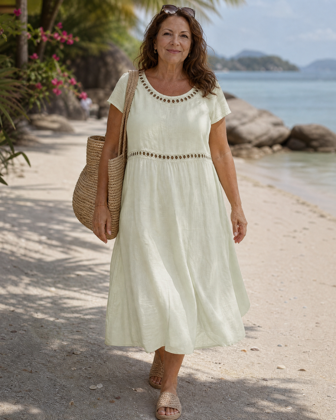 Sormane | Vestido Holgado con Mangas Cortas y Textura, Largo a la Rodilla