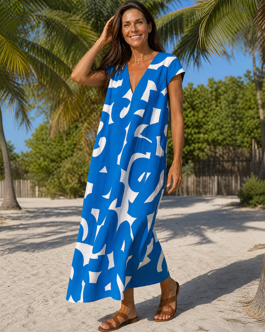 Verain | Vestido Midi Fluido con Estampado Abstracto y Cuello en V
