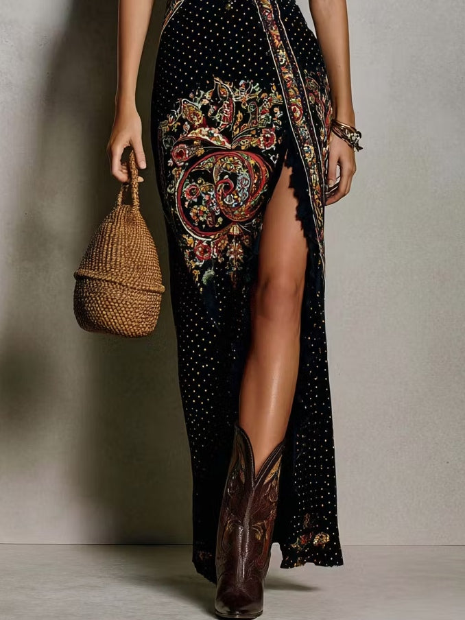Vestido Estampado Estilo Bohemio con Cuello en V Profundo y Abertura Alta