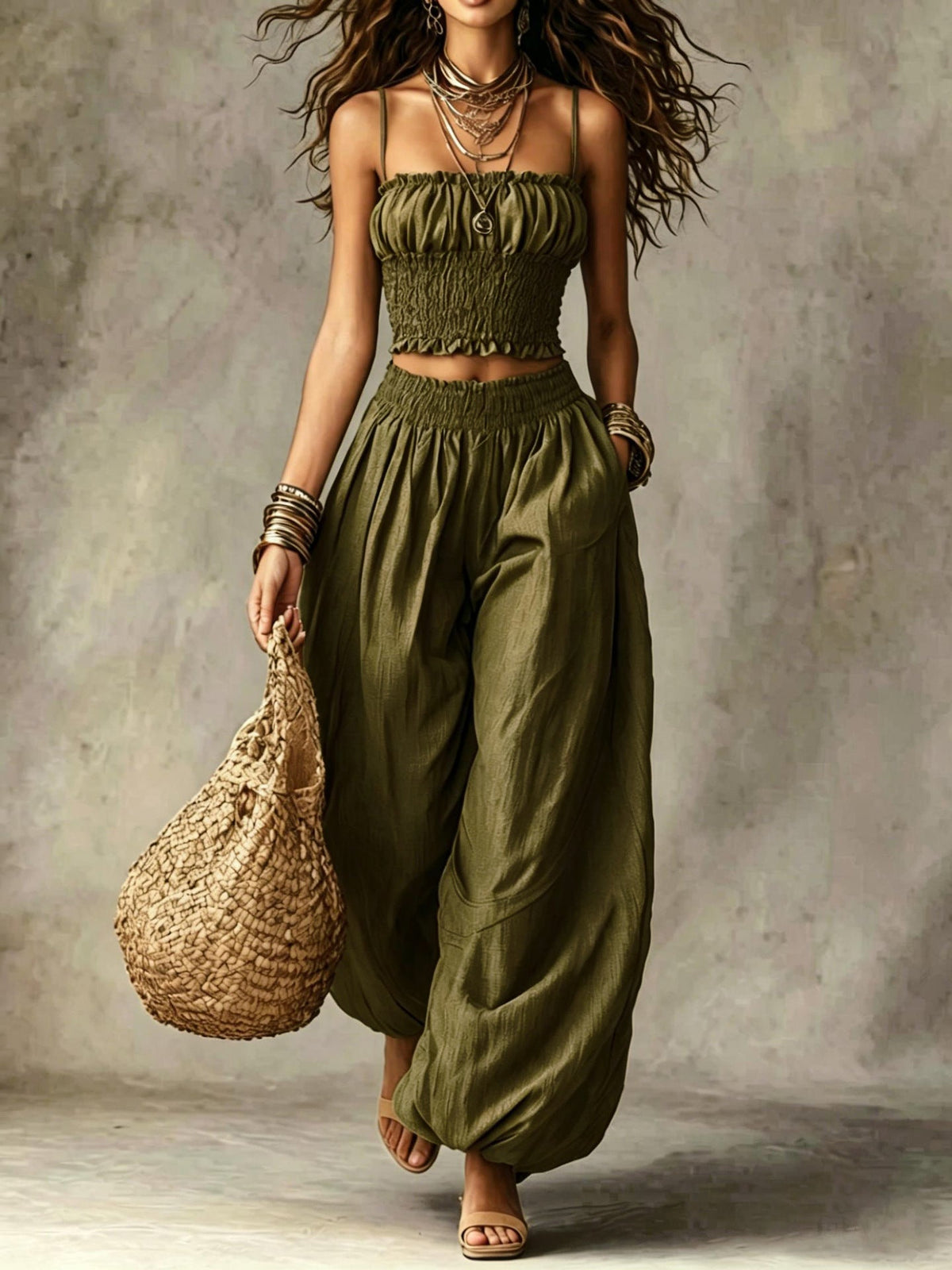 Conjunto de Dos Piezas con Top Corto Fruncido y Pantalón de Pierna Ancha