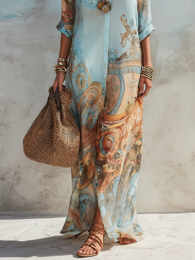 Vestido Maxi Camisero Azul con Estampado Floral, Ideal para Vacaciones