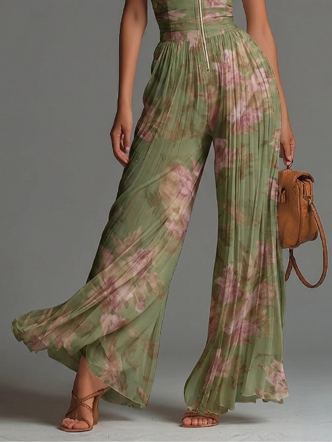 Mono de Chifón Verde Floral con Cuello en V, Sin Mangas, Cierre y Pierna Ancha Plisada
