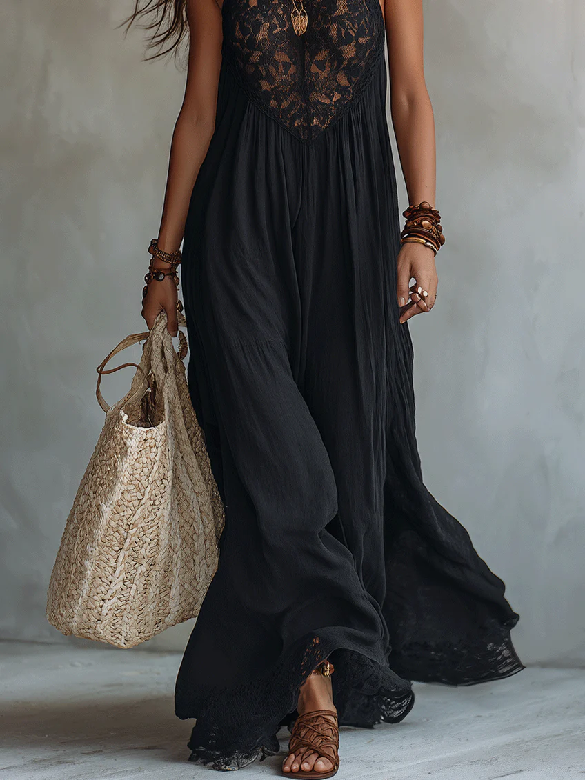 Vestido Maxi Negro Estilo Bohemio, Sin Mangas, con Ribete de Encaje