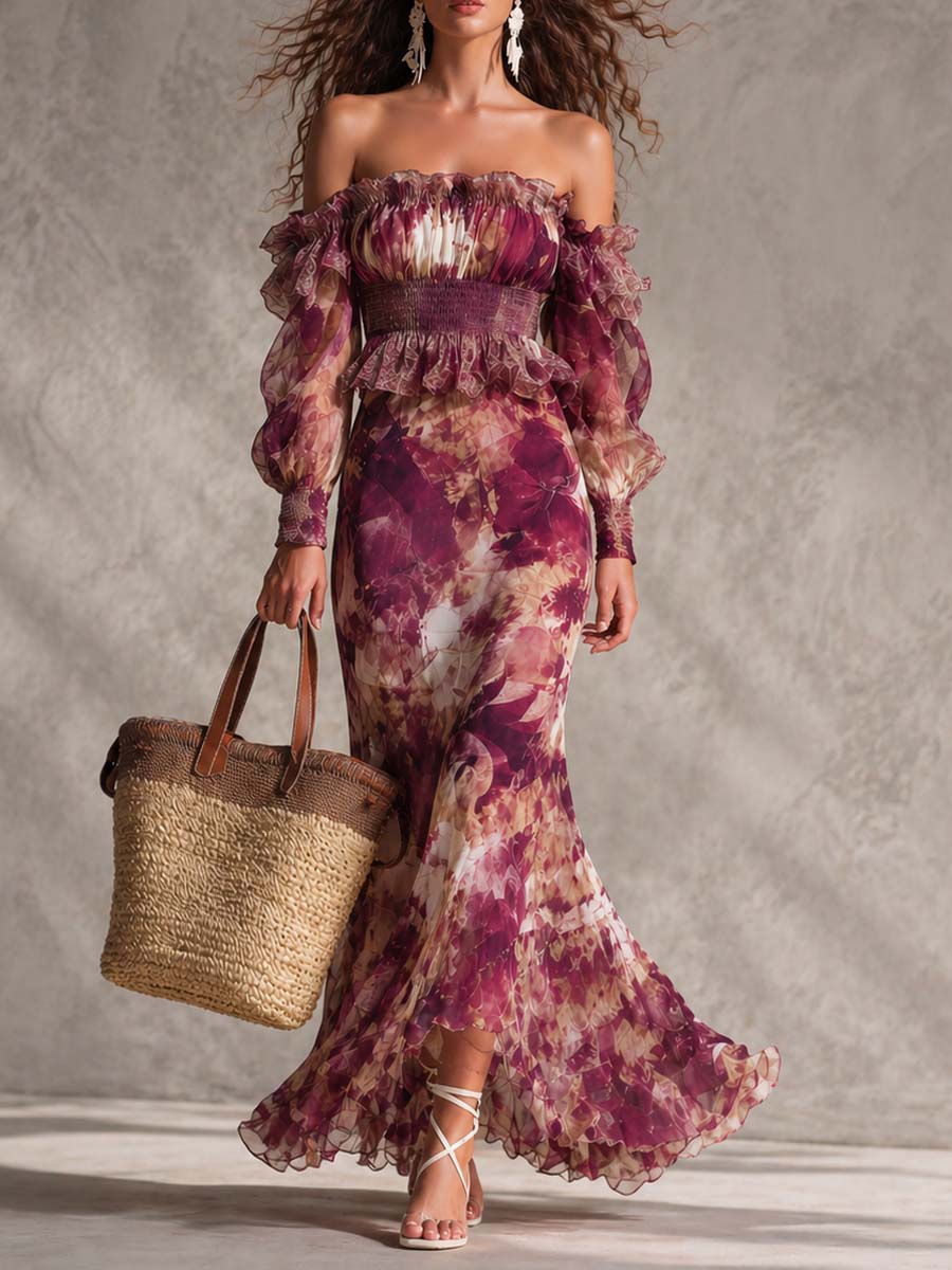 Vestido Maxi de Chifón Rosa con Estampado Floral y Hombros Descubiertos