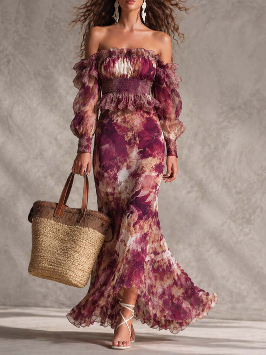 Vestido Maxi de Chifón Rosa con Estampado Floral y Hombros Descubiertos