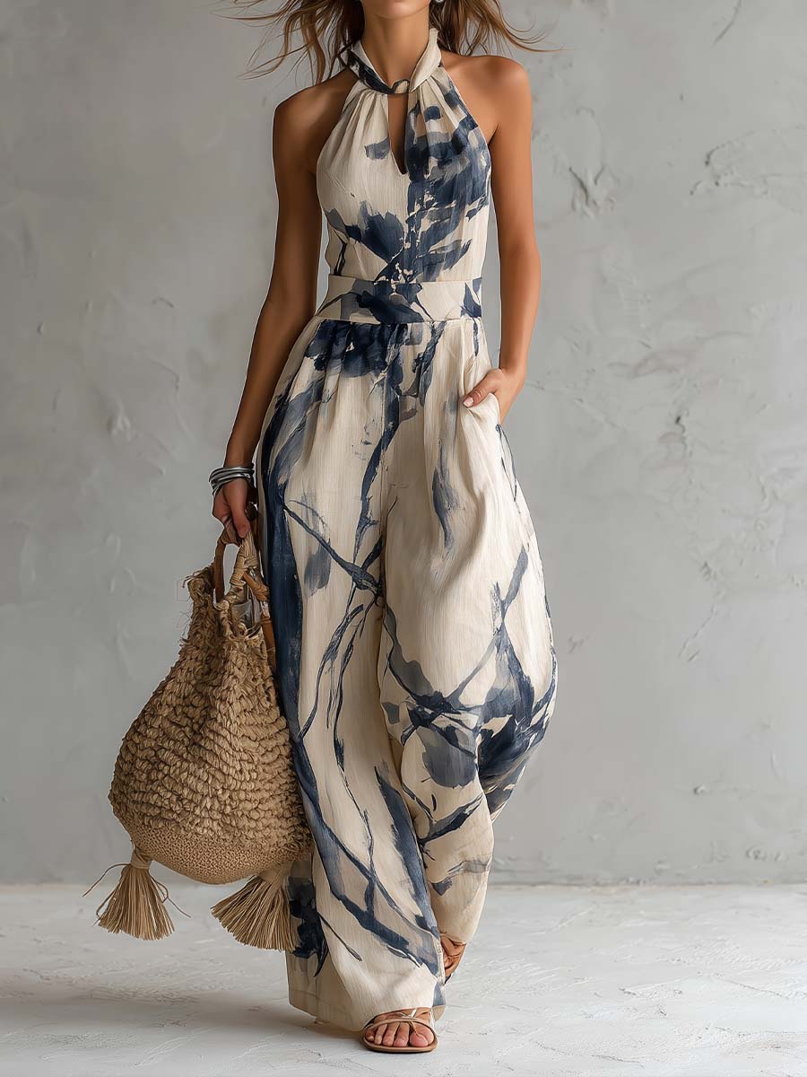 Mono de Pierna Ancha con Estampado Acuarela y Cuello Halter, con Bolsillos