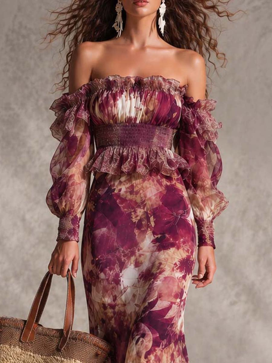 Vestido Maxi de Chifón Rosa con Estampado Floral y Hombros Descubiertos