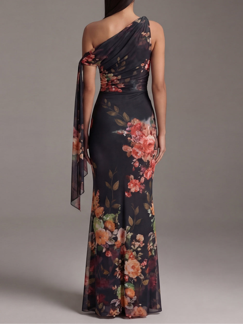 Vestido Maxi de Chifón Negro Plisado, Estampado y de Un Hombro