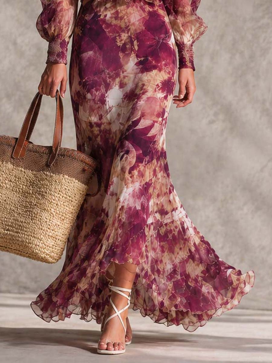 Vestido Maxi de Chifón Rosa con Estampado Floral y Hombros Descubiertos