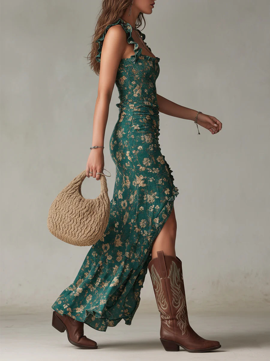 Vestido Maxi Verde Estampado Estilo Bohemio con Mangas de Volantes