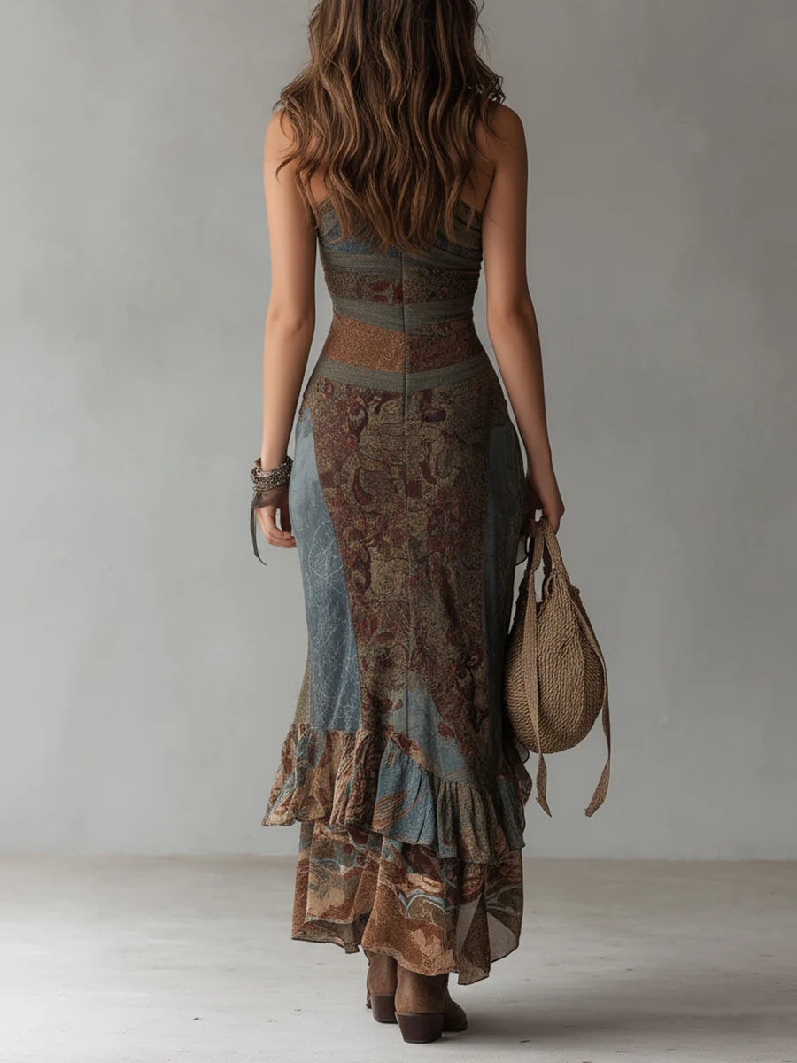 Vestido Maxi Estampado Estilo Étnico con Un Hombro y Abertura Alta
