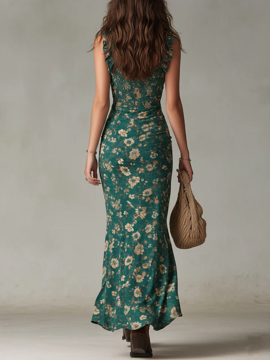 Vestido Maxi Verde Estampado Estilo Bohemio con Mangas de Volantes