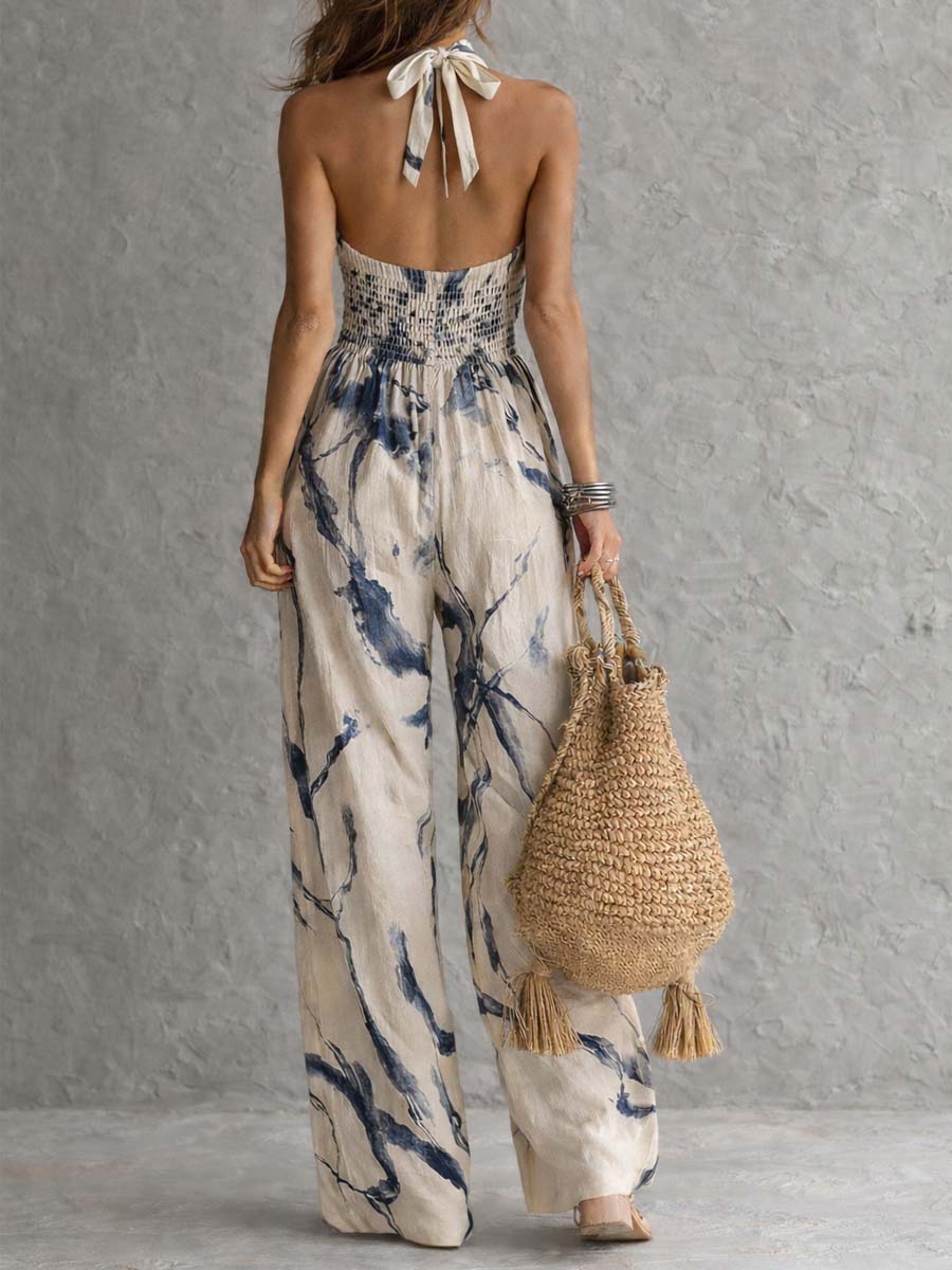 Mono de Pierna Ancha con Estampado Acuarela y Cuello Halter, con Bolsillos