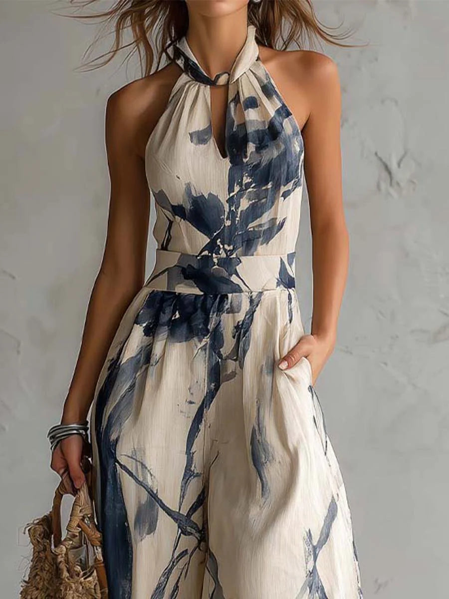 Mono de Pierna Ancha con Estampado Acuarela y Cuello Halter, con Bolsillos