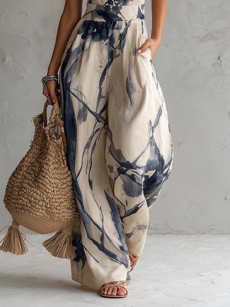Mono de Pierna Ancha con Estampado Acuarela y Cuello Halter, con Bolsillos