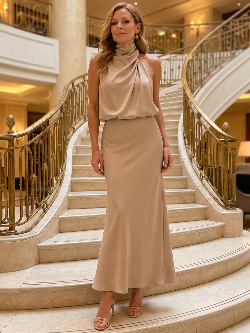 Nopal™ Vestido Midi Sin Mangas con Cuello Drapeado