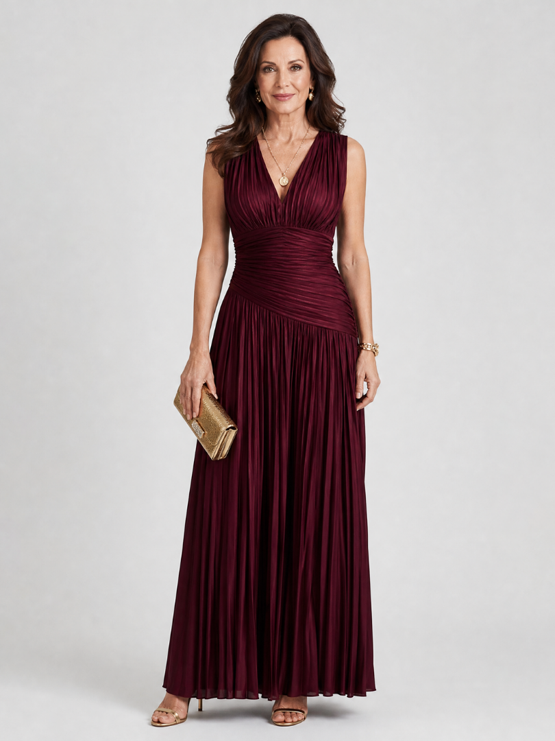 Lemar™ Vestido Midi Plisado, Sin Mangas y Cuello en V