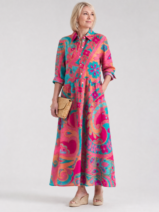Klera | Vestido Midi Estampado con Botones y Cuello Camisero
