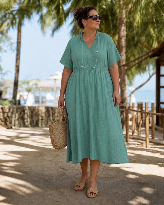 Eupherene | Vestido Midi Holgado con Cuello en V, Manga Corta y Textura
