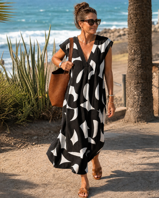 Verain | Vestido Midi Fluido con Estampado Abstracto y Cuello en V