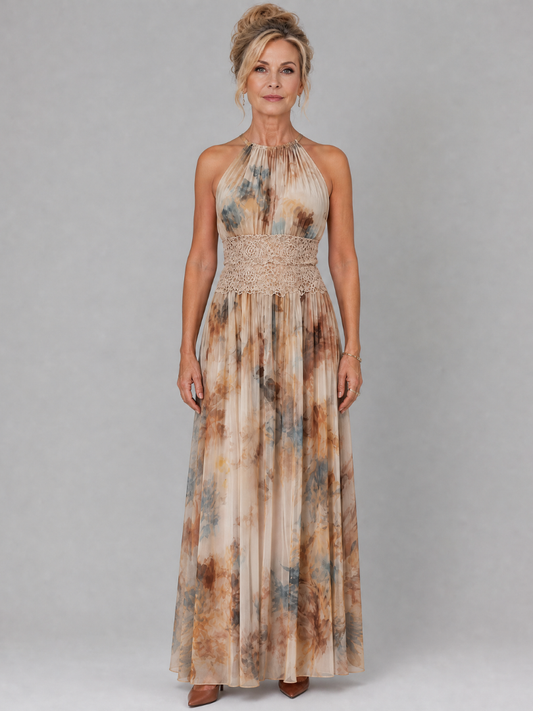 Elavenue™ Vestido Maxi con Cuello Halter y Cintura de Encaje