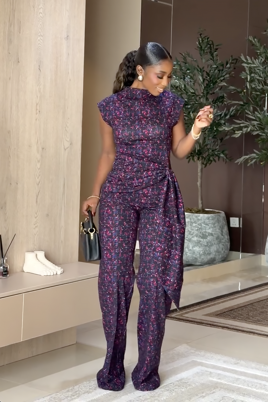Conjunto de Pantalón Cintura Envolvente Estampado Mosaico Púrpura