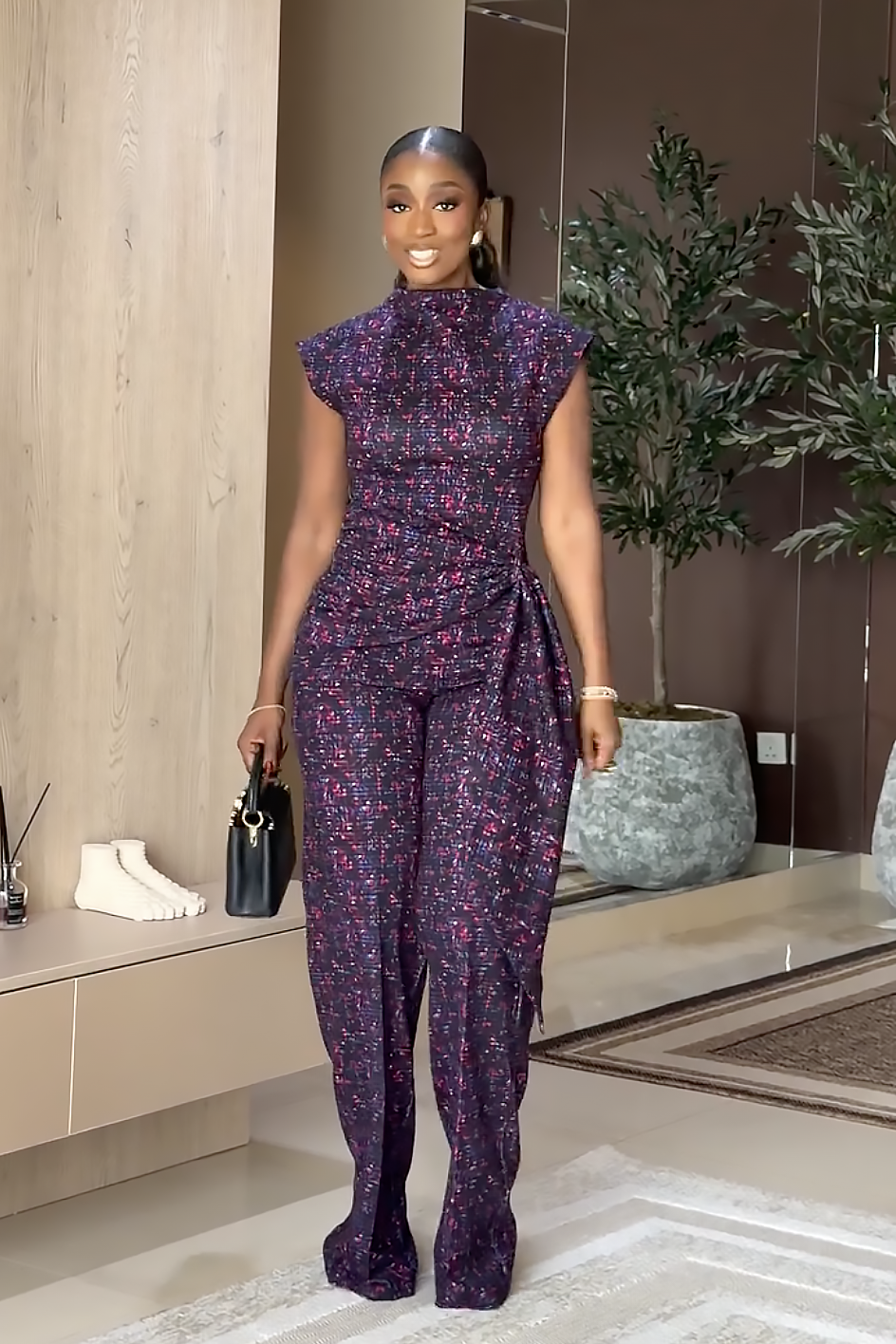 Conjunto de Pantalón Cintura Envolvente Estampado Mosaico Púrpura