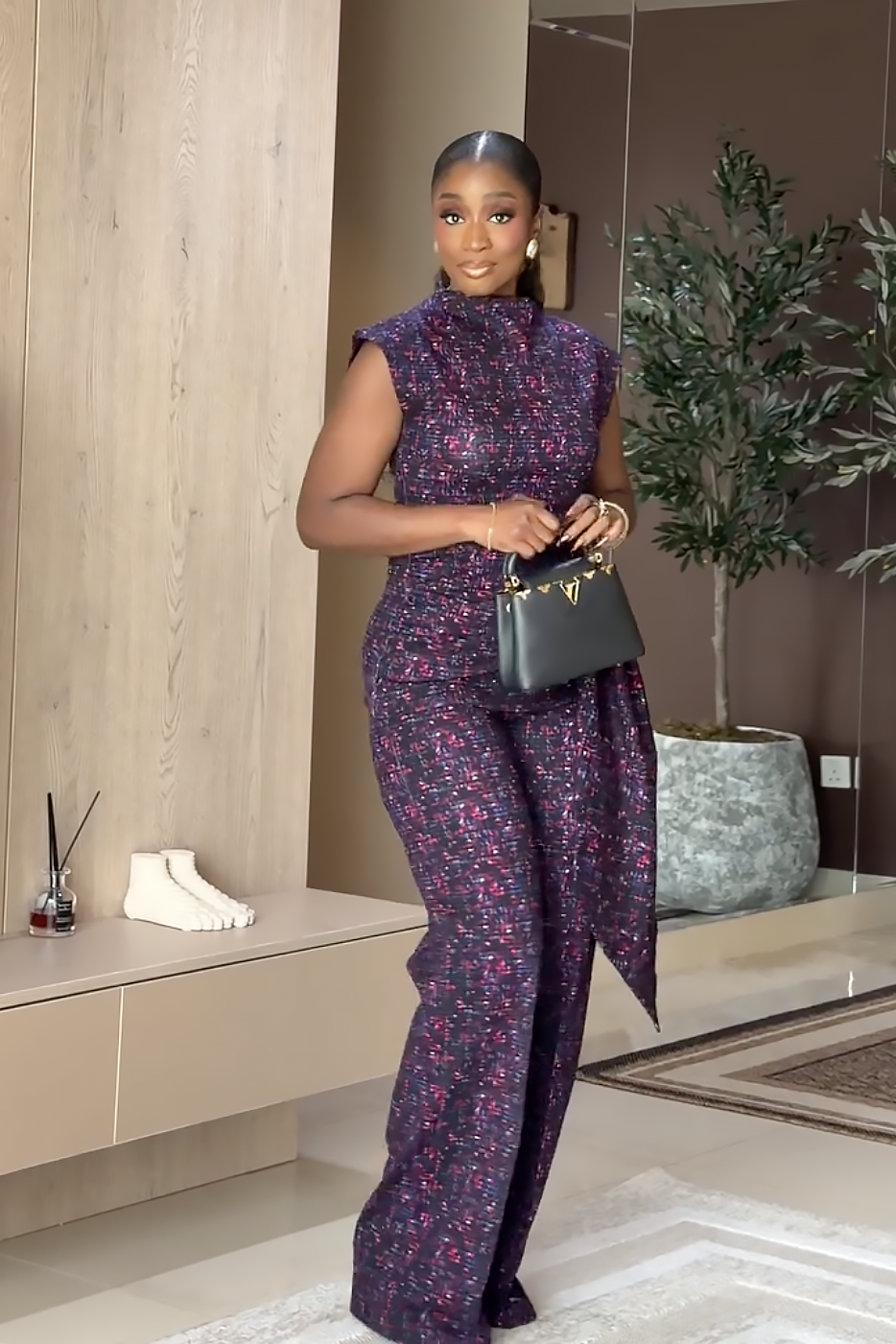Conjunto de Pantalón Cintura Envolvente Estampado Mosaico Púrpura