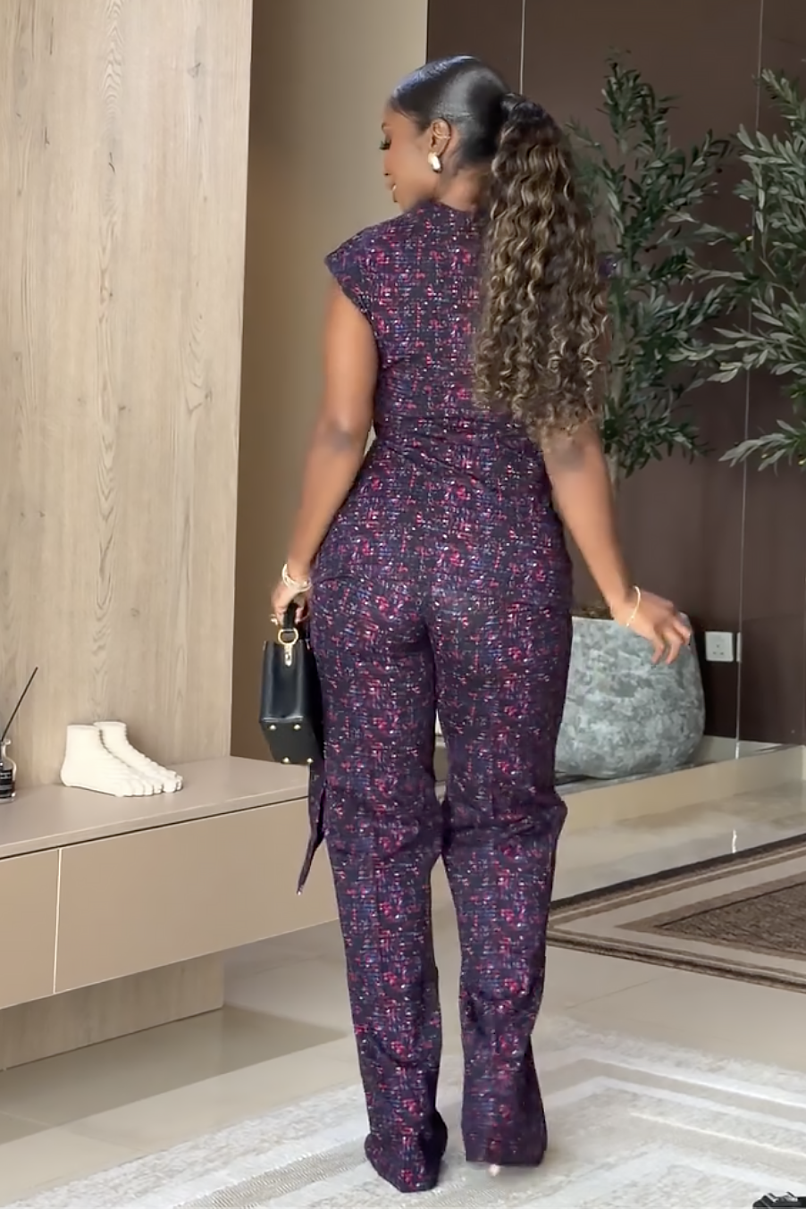 Conjunto de Pantalón Cintura Envolvente Estampado Mosaico Púrpura