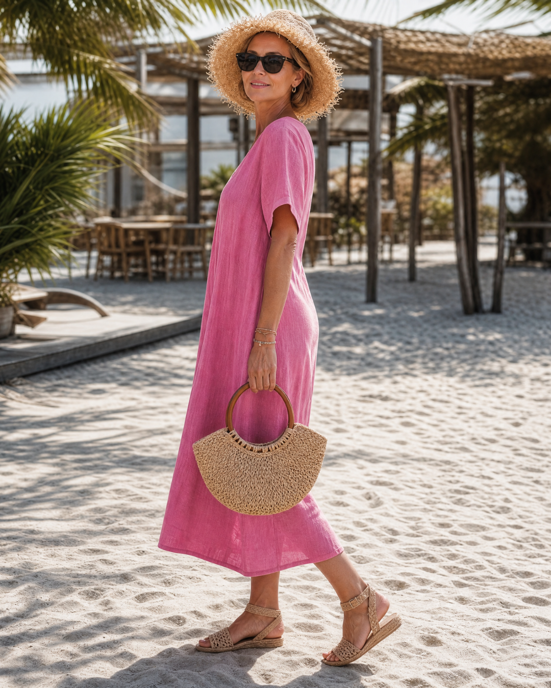 Thamal | Vestido Midi Holgado de Algodón Lavado con Cuello en V