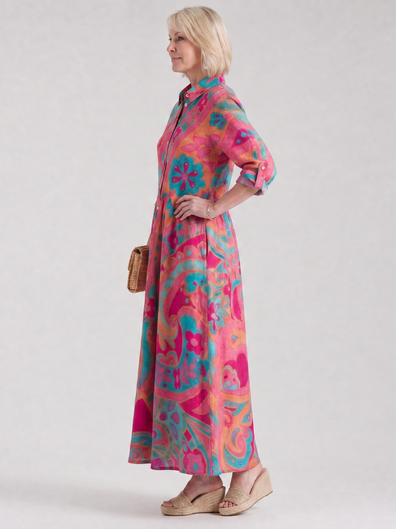 Klera | Vestido Midi Estampado con Botones y Cuello Camisero