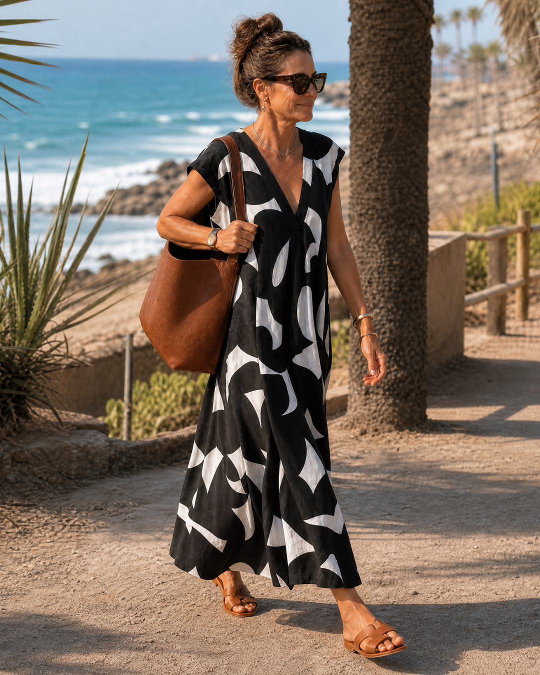 Verain | Vestido Midi Fluido con Estampado Abstracto y Cuello en V