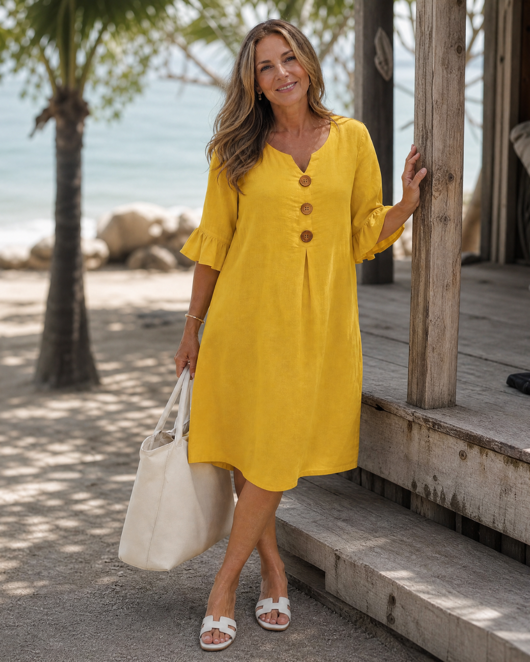 Comros | Vestido Midi Holgado con Botonadura y Mangas con Volantes
