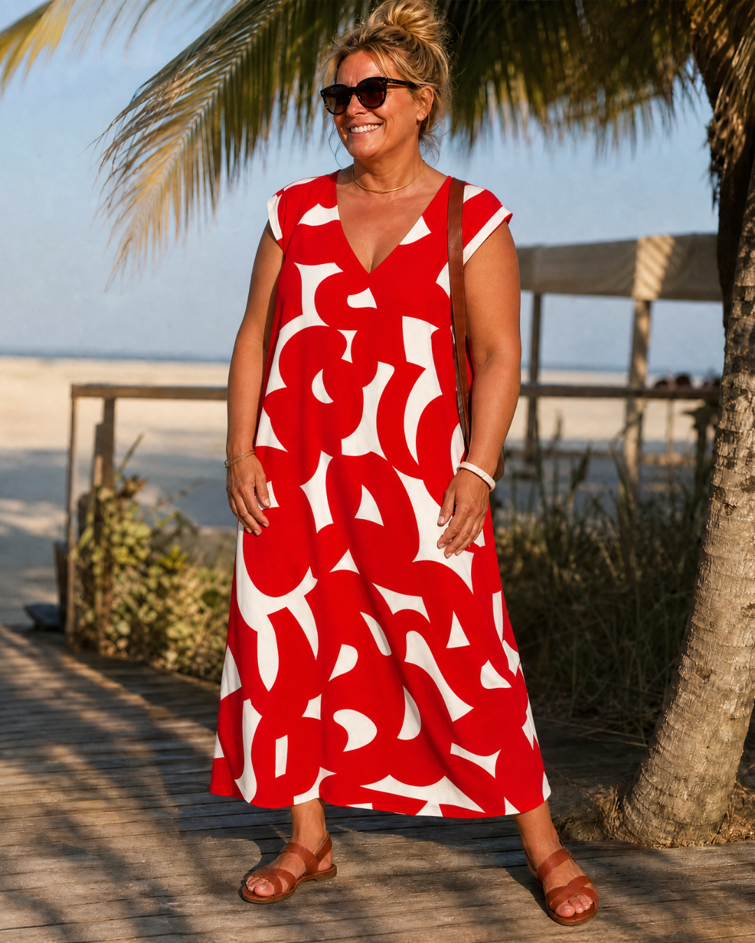 Verain | Vestido Midi Fluido con Estampado Abstracto y Cuello en V