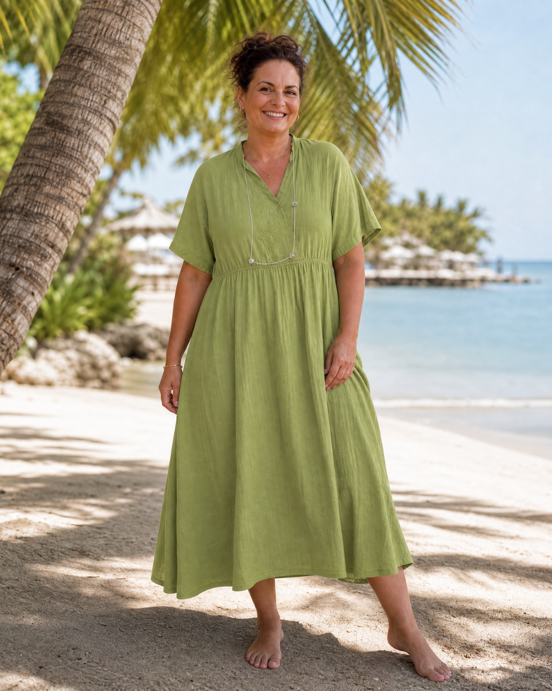 Eupherene | Vestido Midi Holgado con Cuello en V, Manga Corta y Textura