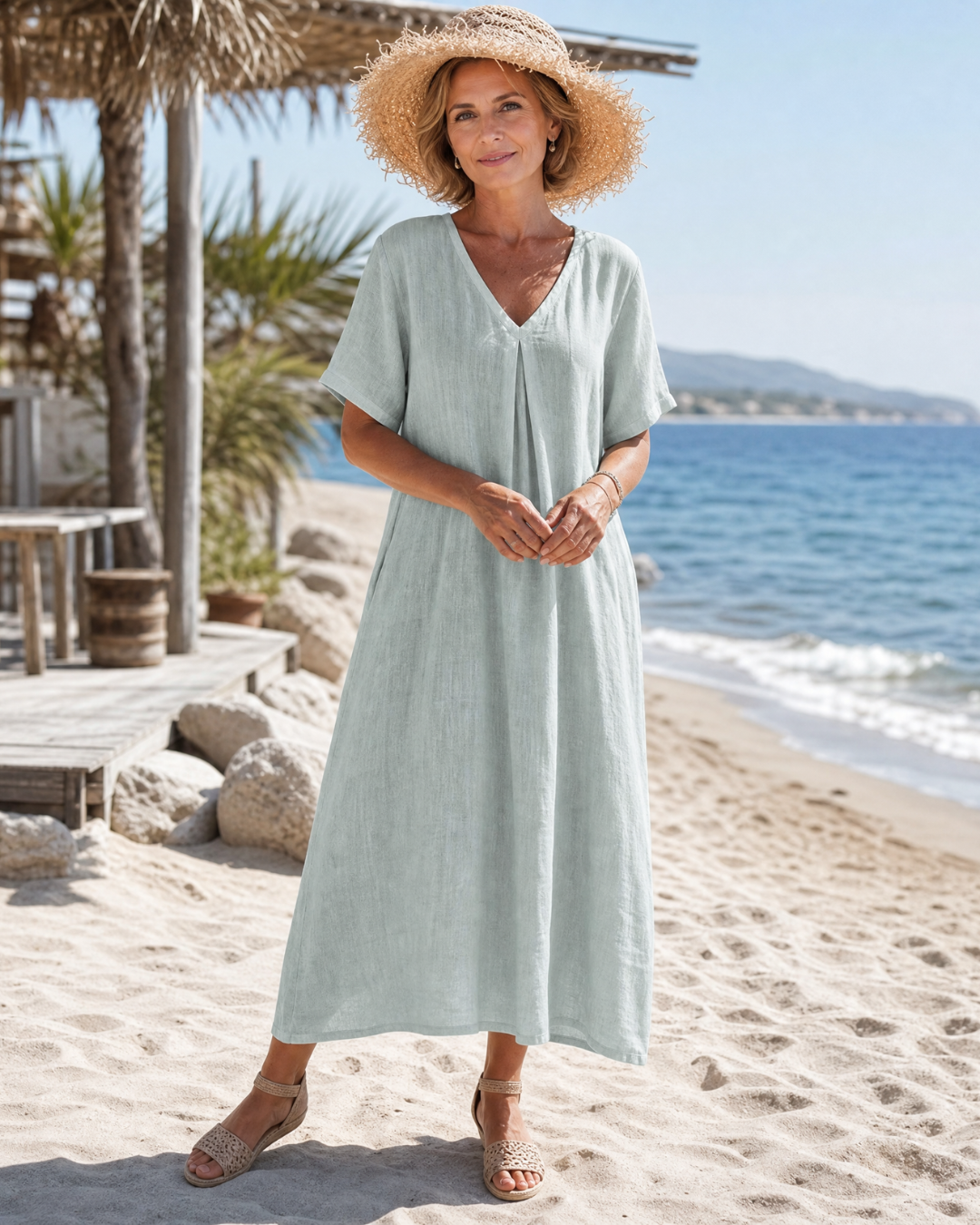 Thamal | Vestido Midi Holgado de Algodón Lavado con Cuello en V