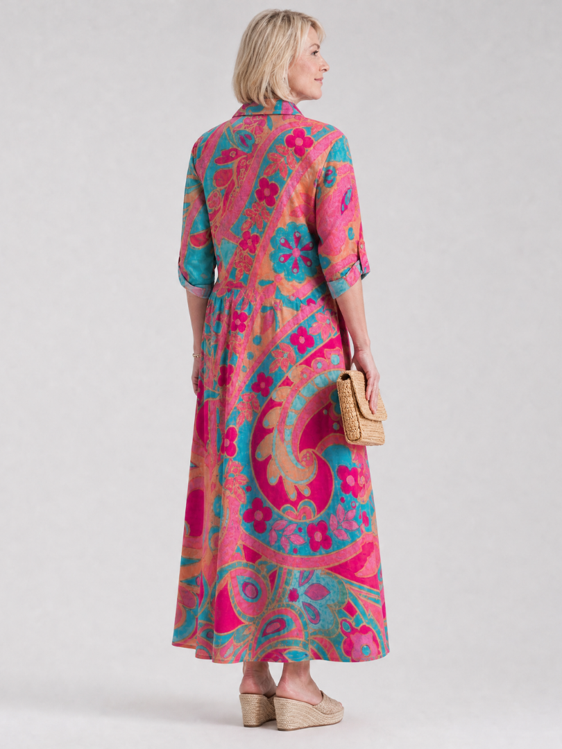 Klera | Vestido Midi Estampado con Botones y Cuello Camisero