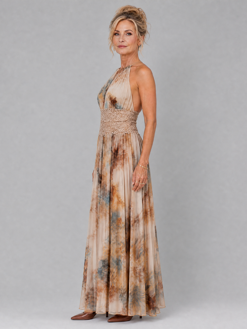 Elavenue™ Vestido Maxi con Cuello Halter y Cintura de Encaje