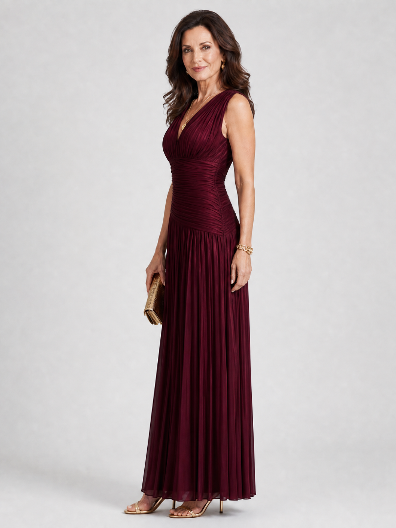 Lemar™ Vestido Midi Plisado, Sin Mangas y Cuello en V