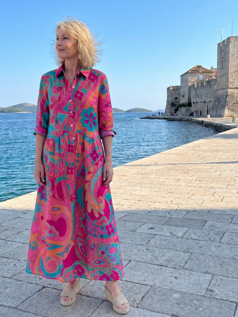 Klera | Vestido Midi Estampado con Botones y Cuello Camisero