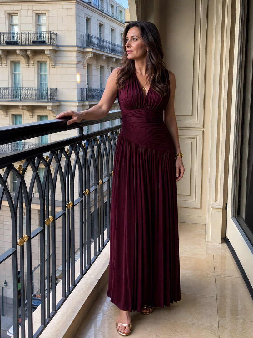 Lemar™ Vestido Midi Plisado, Sin Mangas y Cuello en V