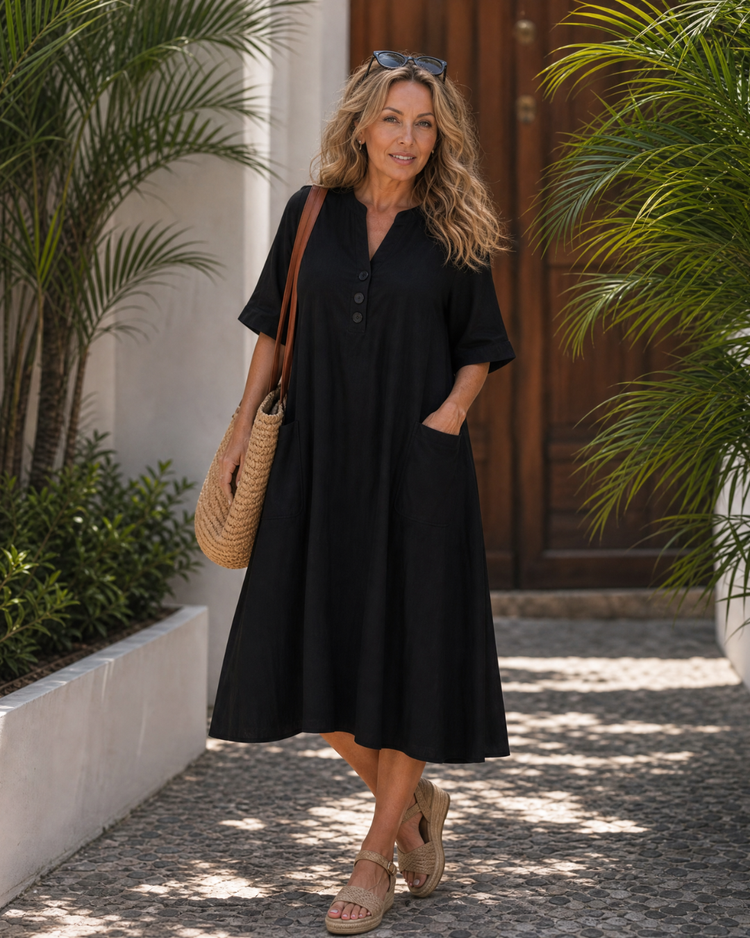 Lumar | Vestido Midi Relajado con Botones y Manga Tres Cuartos