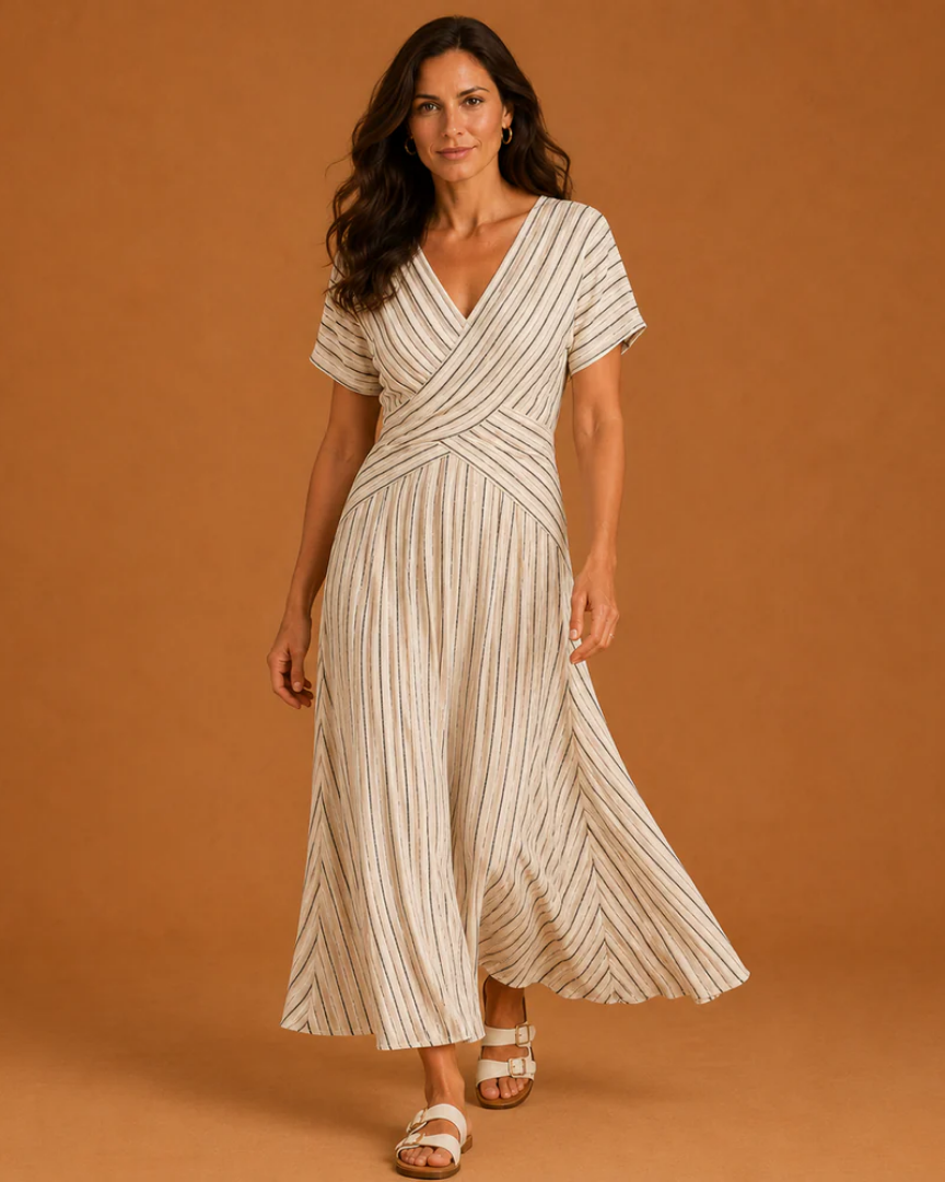 WHITNEY | Vestido Midi Cruzado con Cuello en V y Manga Corta