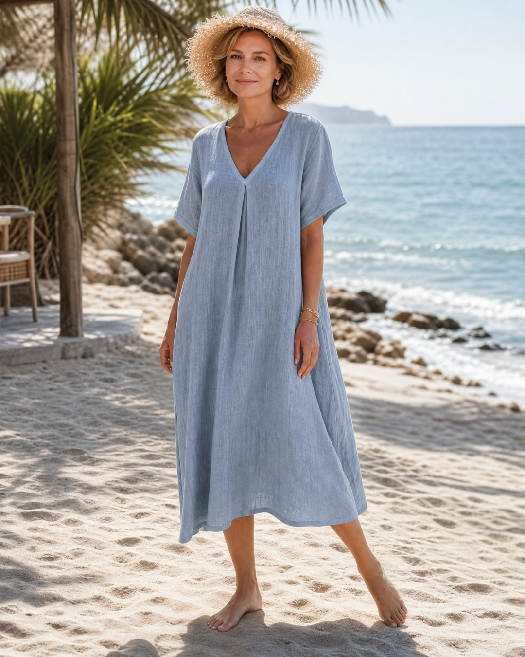 Thamal | Vestido Midi Holgado de Algodón Lavado con Cuello en V