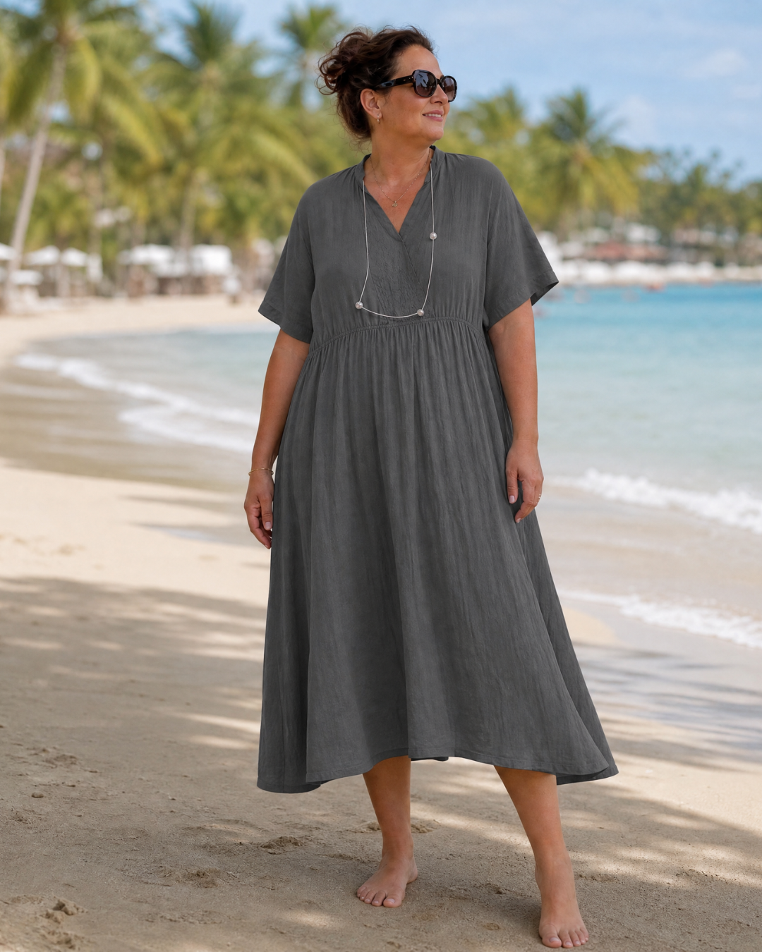Eupherene | Vestido Midi Holgado con Cuello en V, Manga Corta y Textura