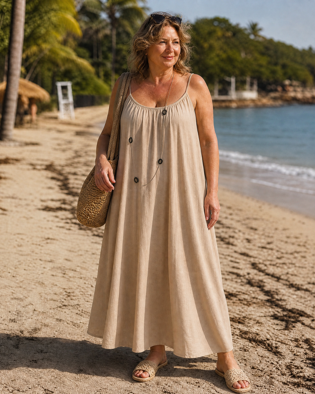 Amener | Vestido Midi Holgado Fluido, Sin Mangas con Tirantes