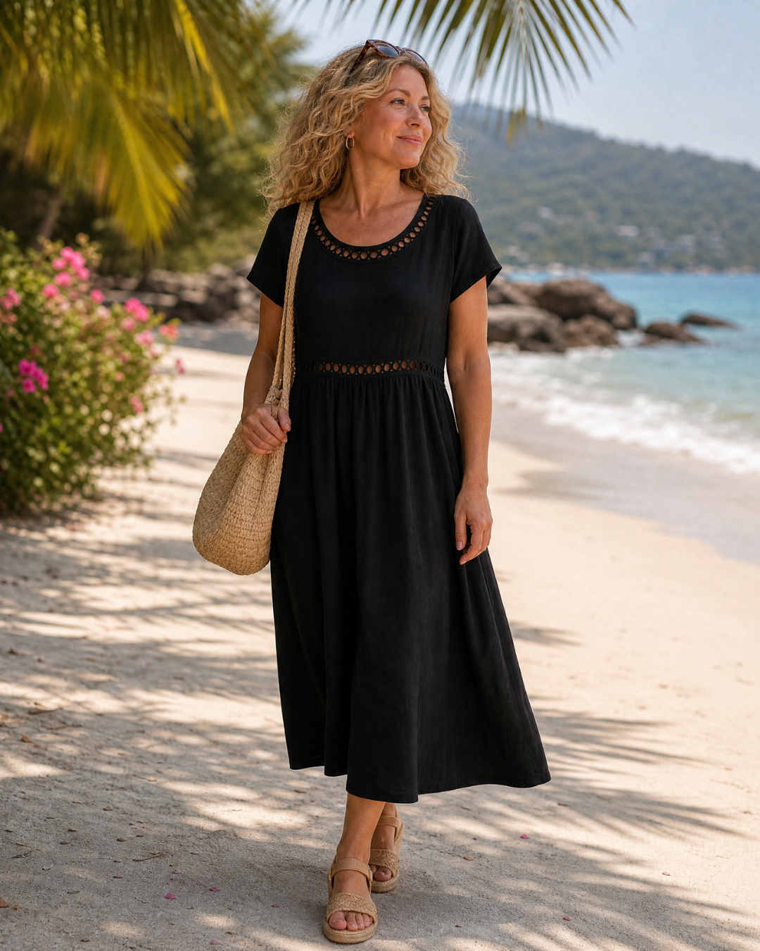 Sormane | Vestido Holgado con Mangas Cortas y Textura, Largo a la Rodilla