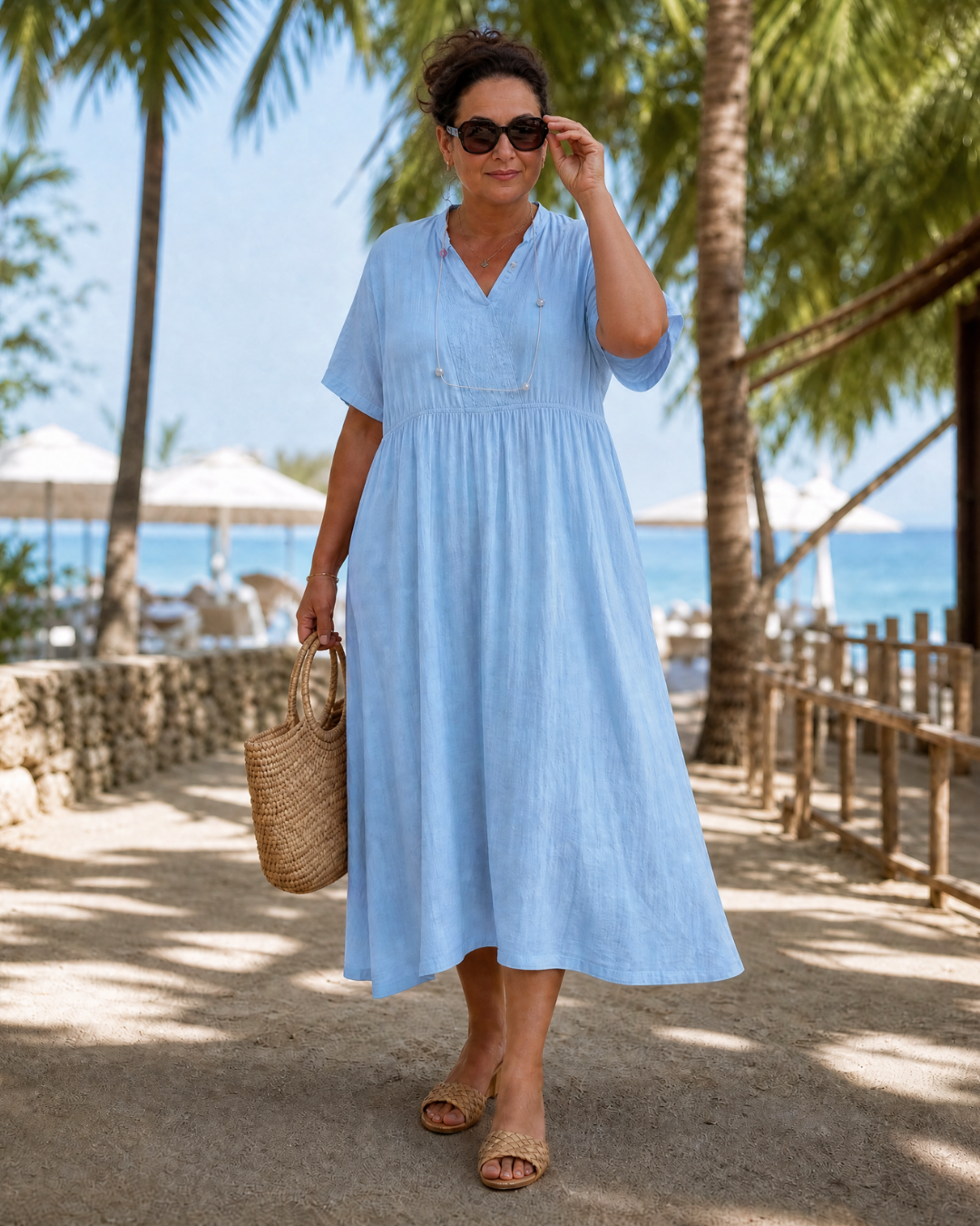 Eupherene | Vestido Midi Holgado con Cuello en V, Manga Corta y Textura