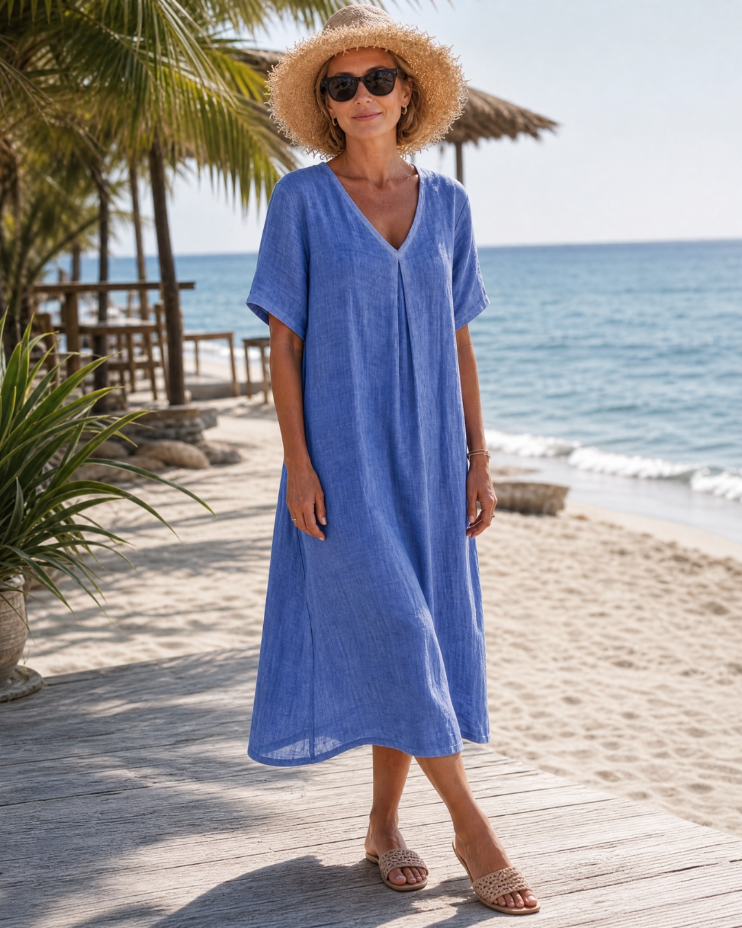 Thamal | Vestido Midi Holgado de Algodón Lavado con Cuello en V