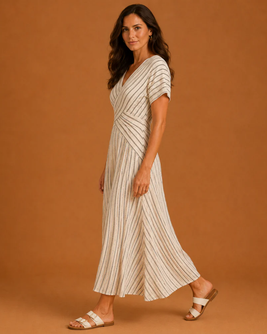 WHITNEY | Vestido Midi Cruzado con Cuello en V y Manga Corta